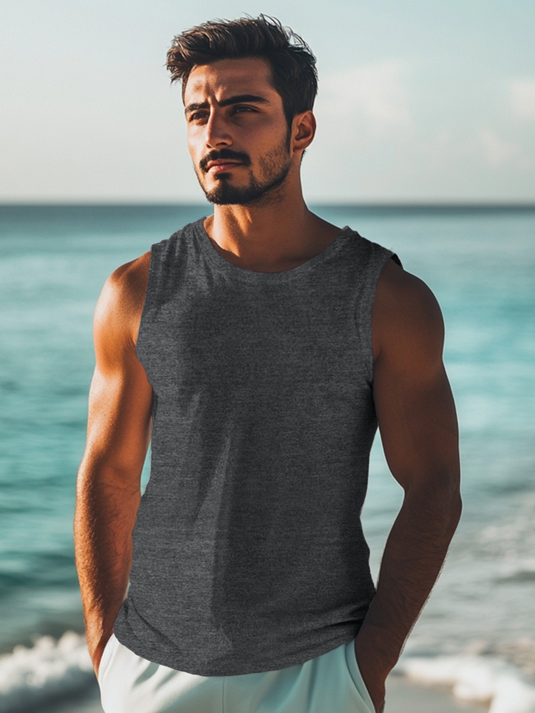 

VEIRDO Men Solid Round Neck Sleeveless Pure Cotton T-shirt, Grey