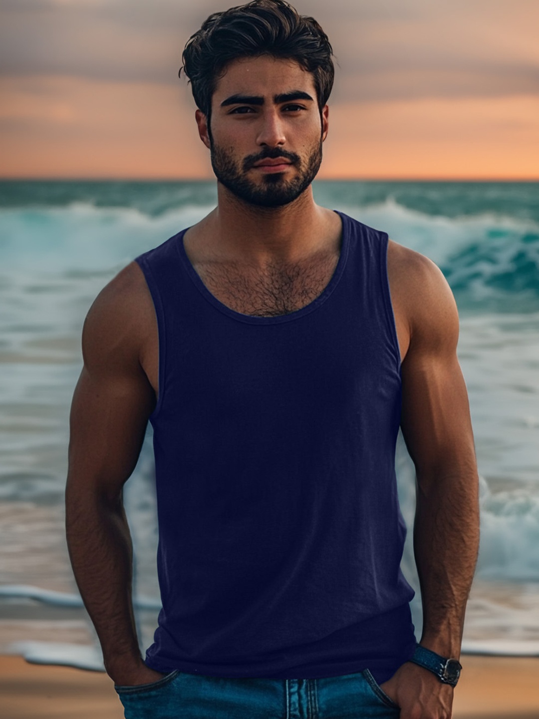 

VEIRDO Men Solid Pure Cotton Sleeveless T-shirt with Mask, Navy blue
