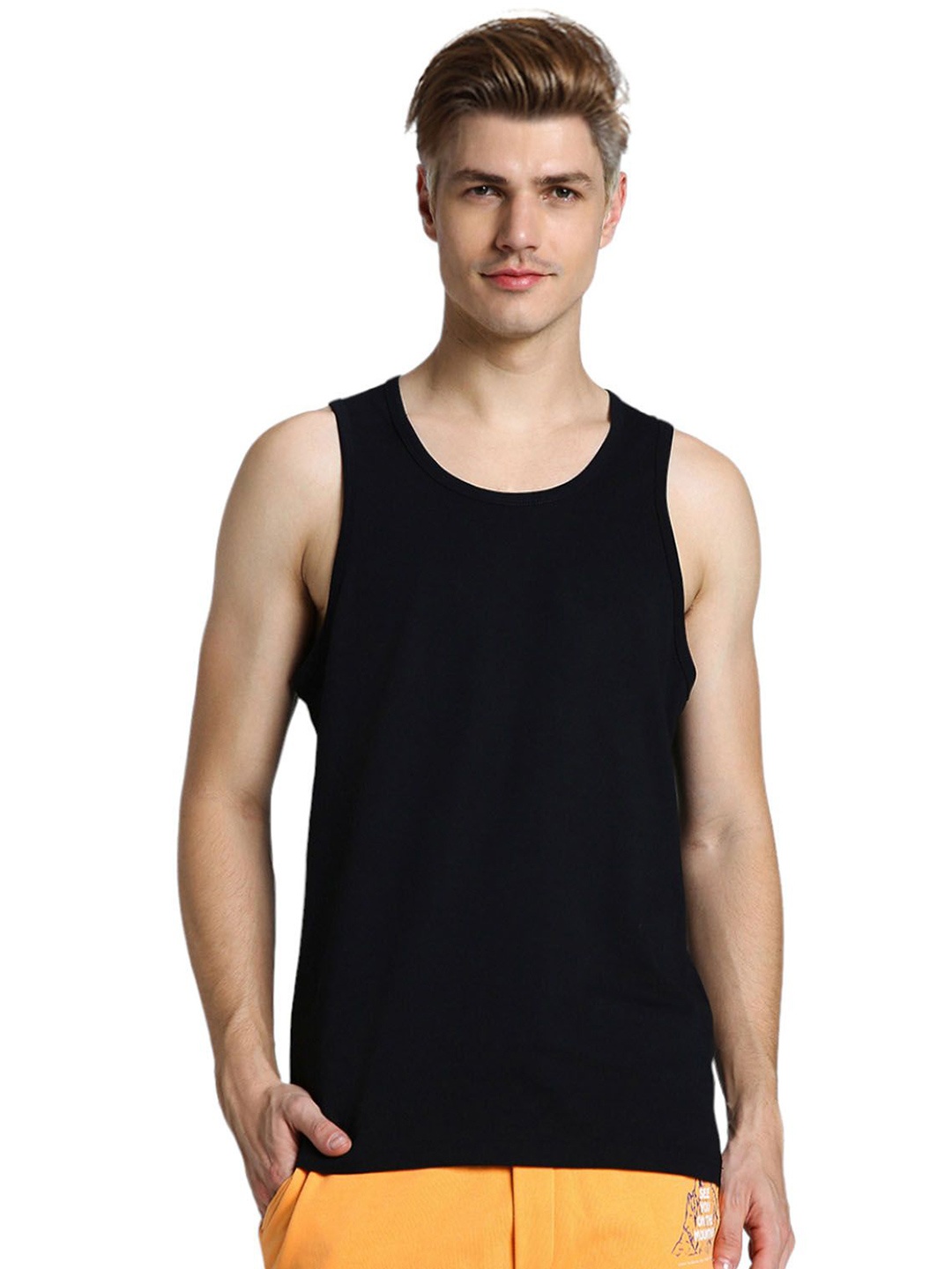 

VEIRDO Men Solid Pure Cotton Sleeveless T-shirt, Black