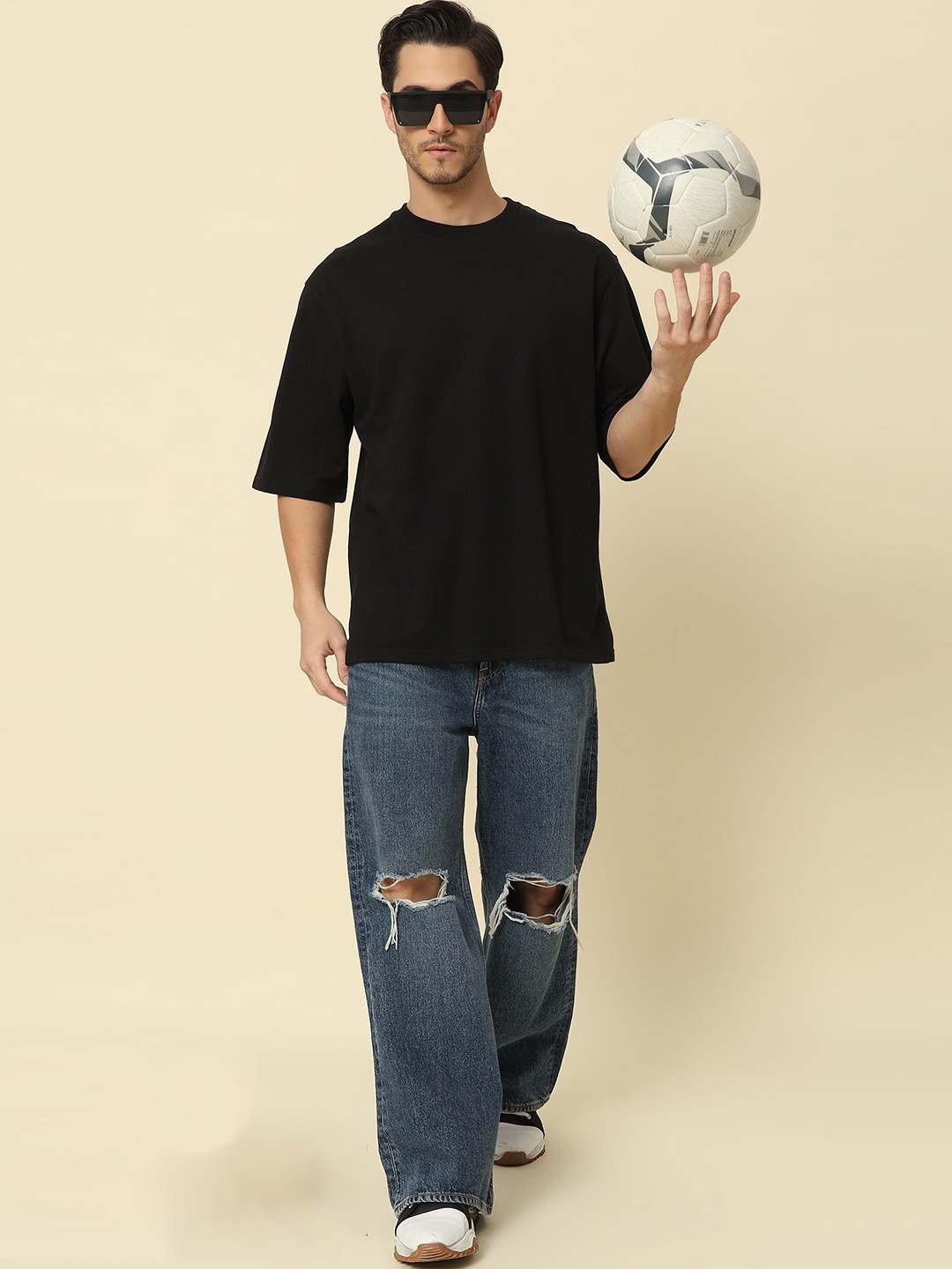 

PockMAN Men Bio Finish Round Neck Cotton Oversized T-shirt, Black