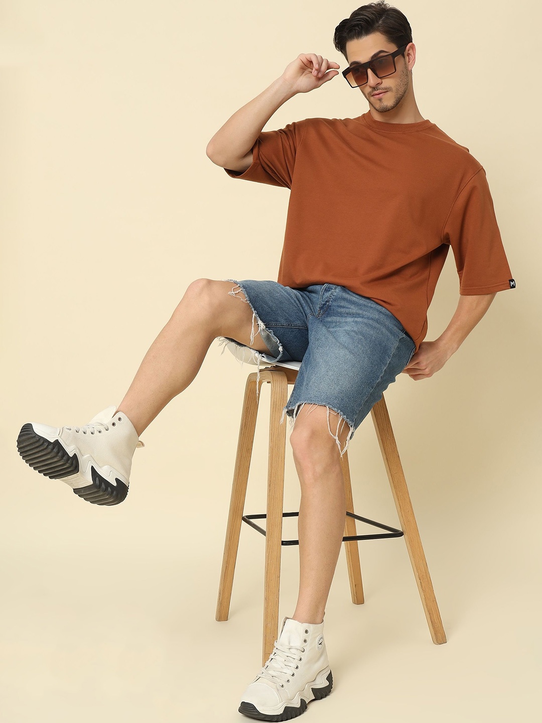 

PockMAN Men Bio Finish Cotton Solid Oversized T-shirt, Brown