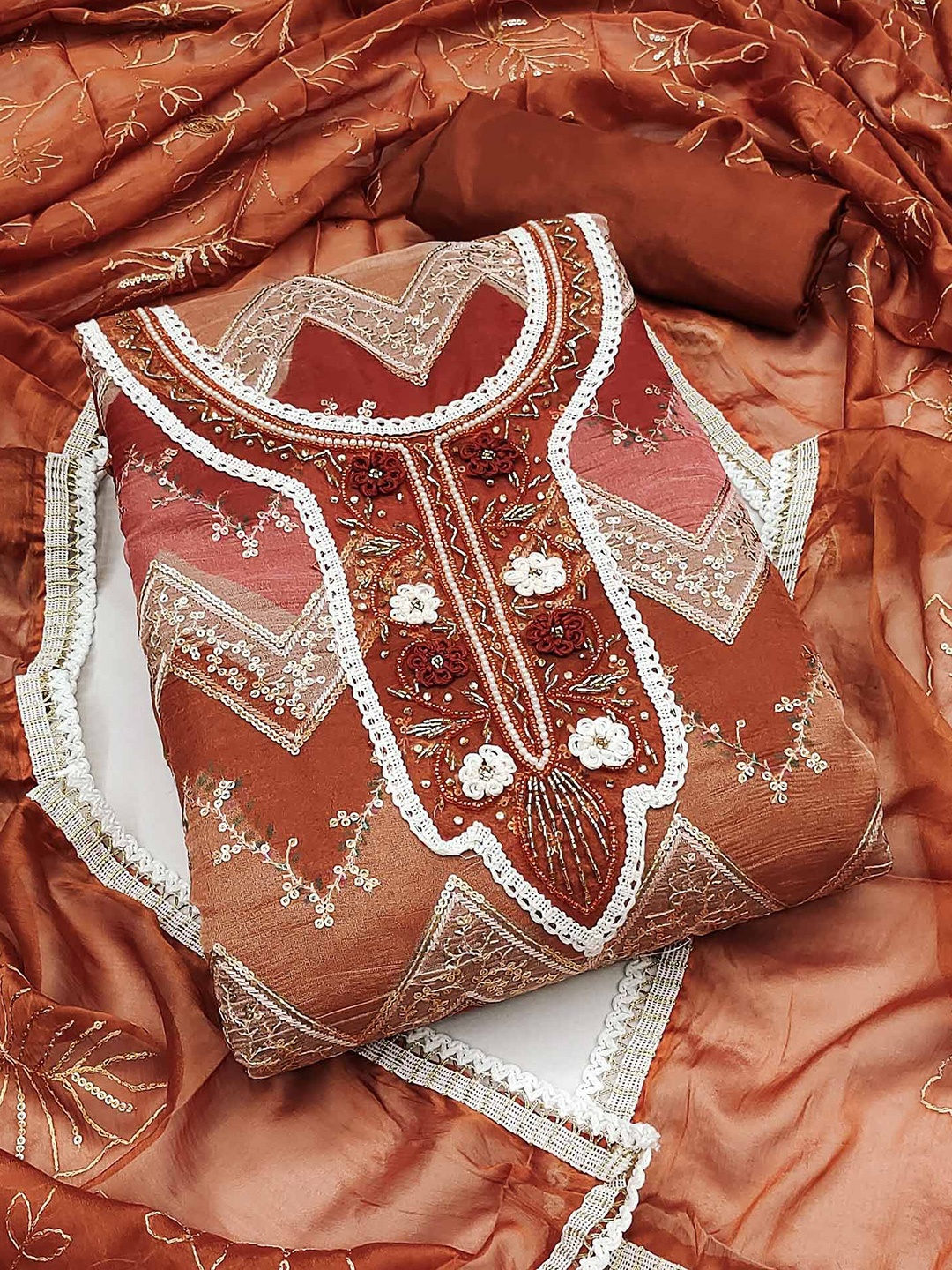 

Peachmode Ethnic Motifs Embroidered Unstitched Dress Material, Rust