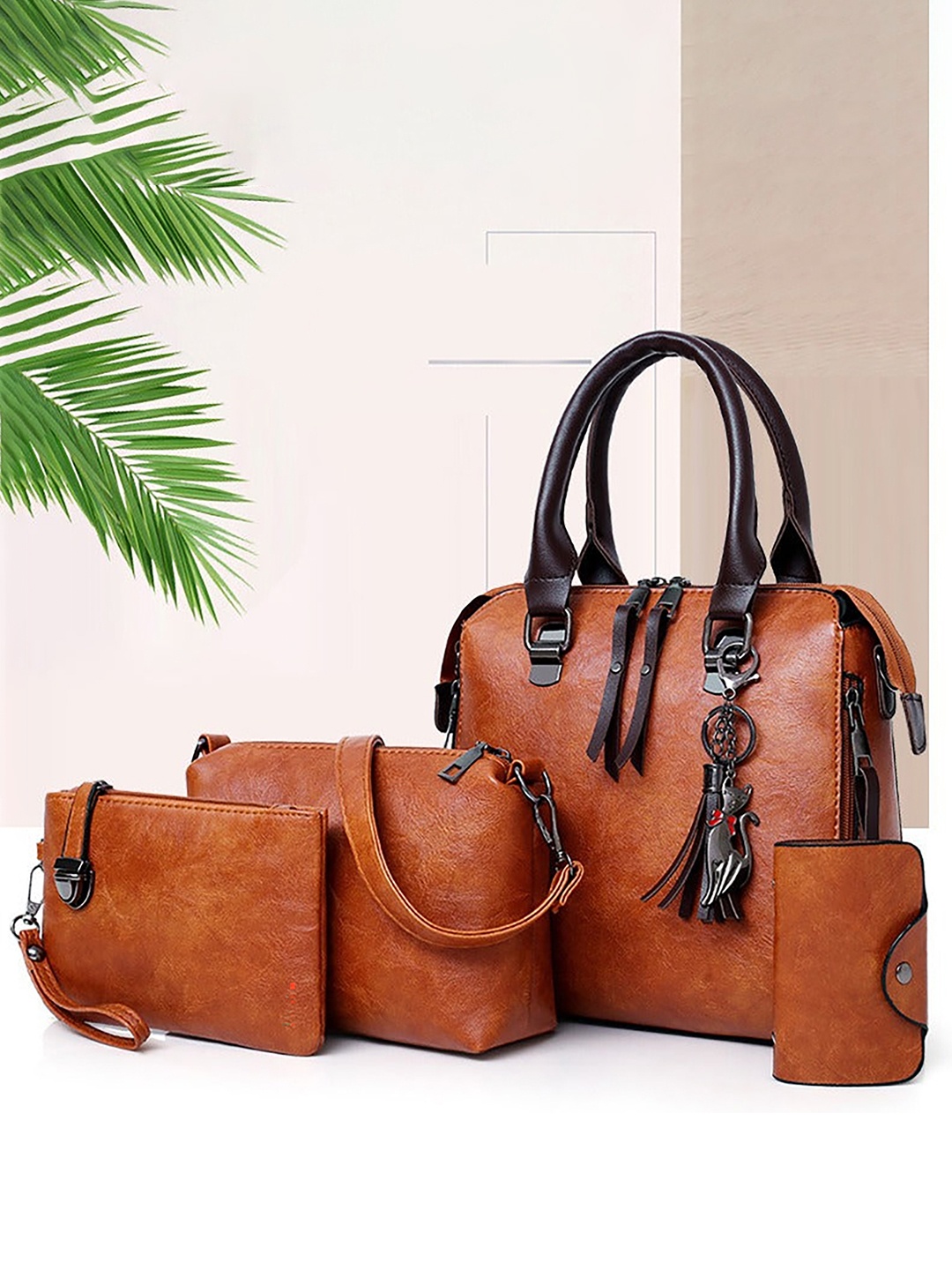 

SYGA Women Pack Of 4 Textured Leather Structured Handheld Bag, Brown