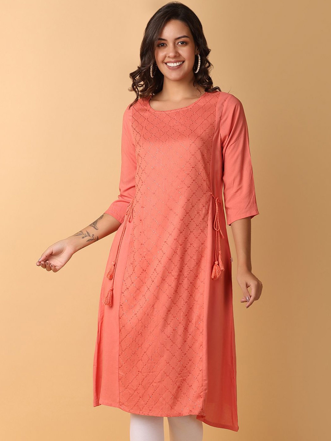 V-Mart Women Sequins Embroidered Kurta, Orange