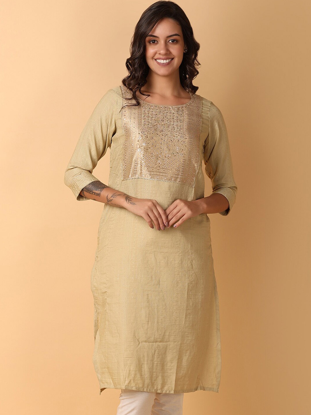 

V-Mart Women Embellished Straight Kurta, Beige