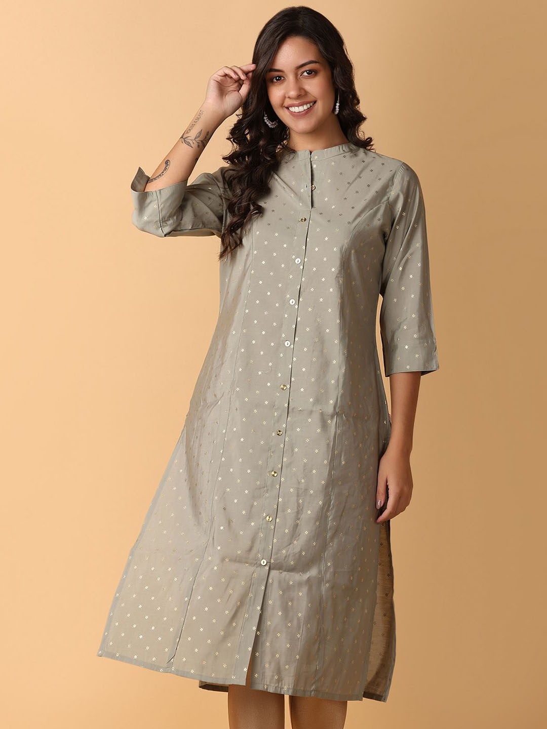 

V-Mart Women Ethnic Motifs Printed Band Collar A-Line Kurta, Green