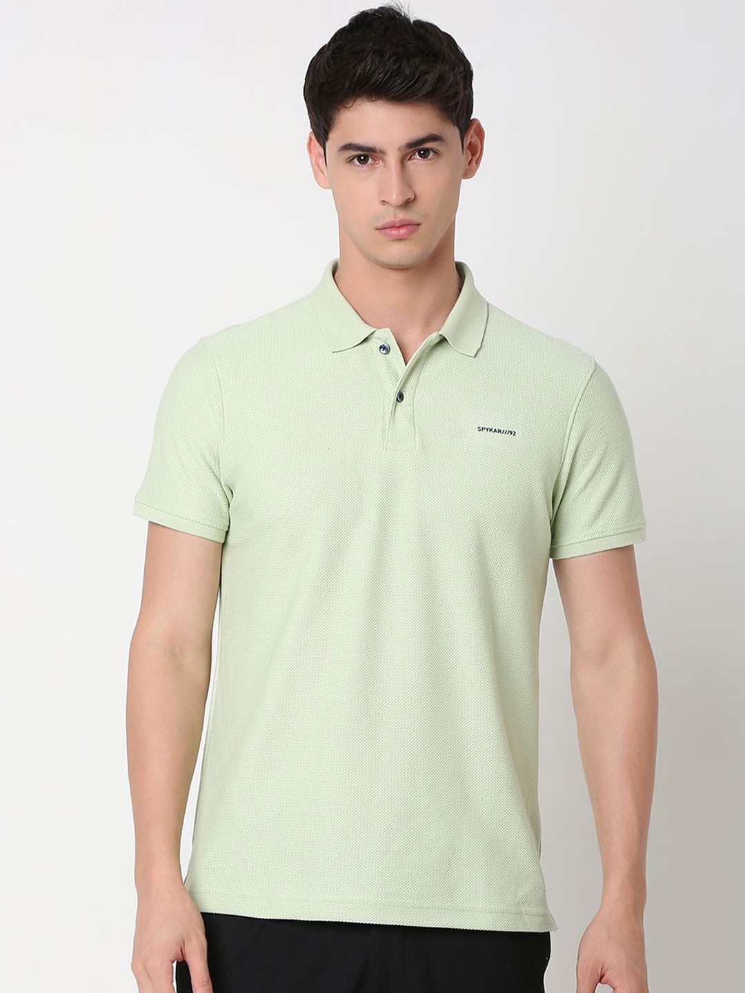 

SPYKAR Men Self Design Polo Collar Knitted Tshirt, Green