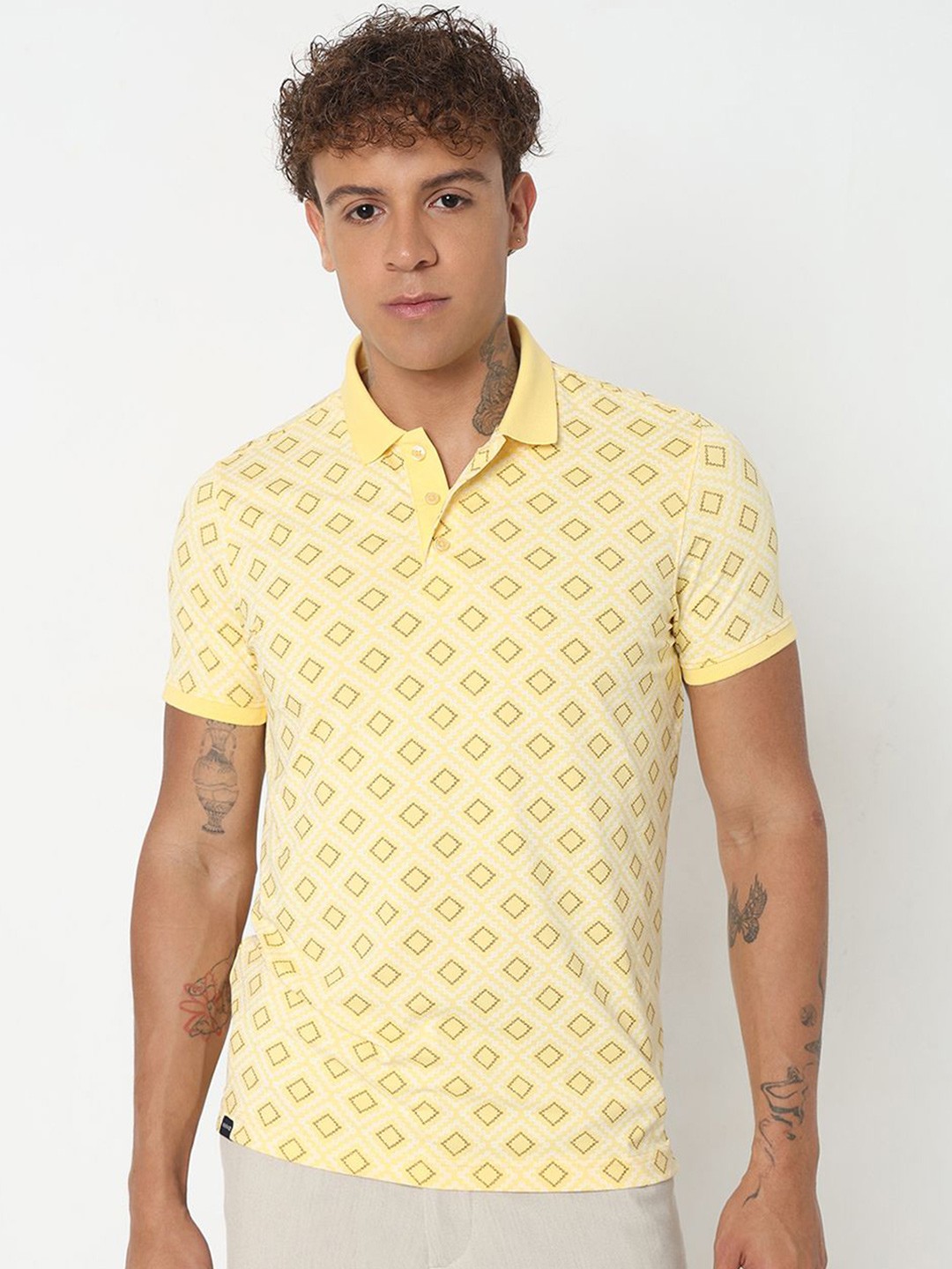 

SPYKAR Men Conversational Geometric Printed Polo Collar T-shirt, Yellow