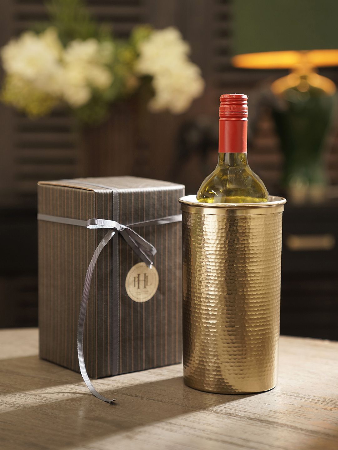 

Pure Home and Living Beige Hammered Metal Wine Chiller, Gold