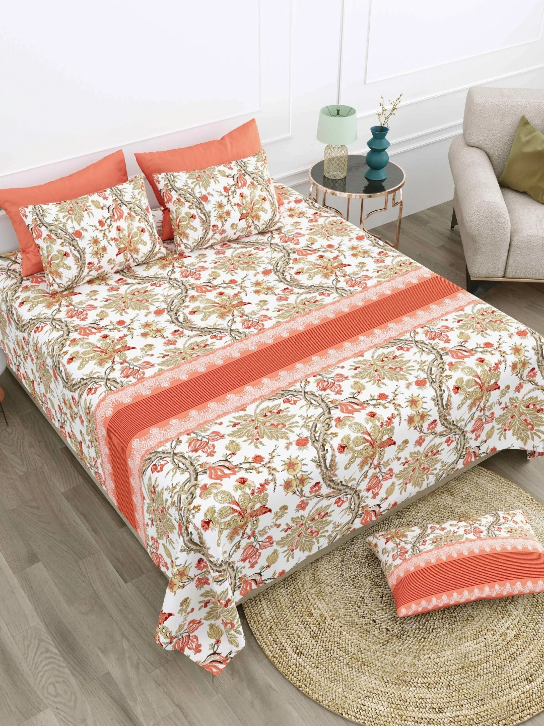 

LIVING ROOTS Super King Size Jaipur Block Print Cotton Double Bedsheet & 2 Pillow Covers, White