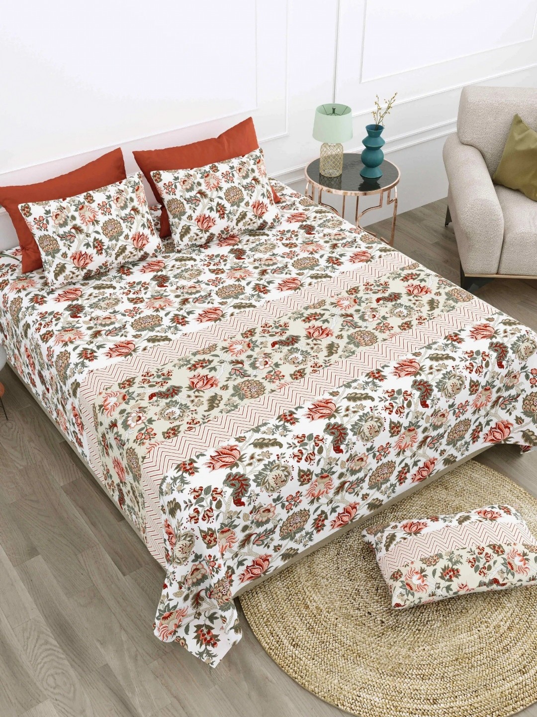 

LIVING ROOTS Super King Size Jaipur Block Print Cotton Double Bedsheet & 2 Pillow Covers, White