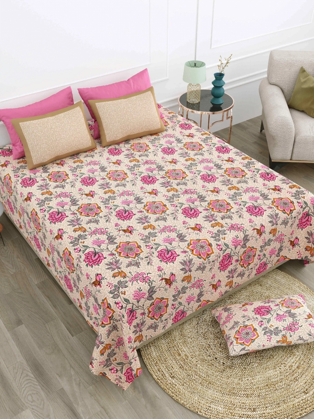 

LIVING ROOTS Super King Size Floral Pure Cotton Double Bedsheet & 2 Pillow Covers, White