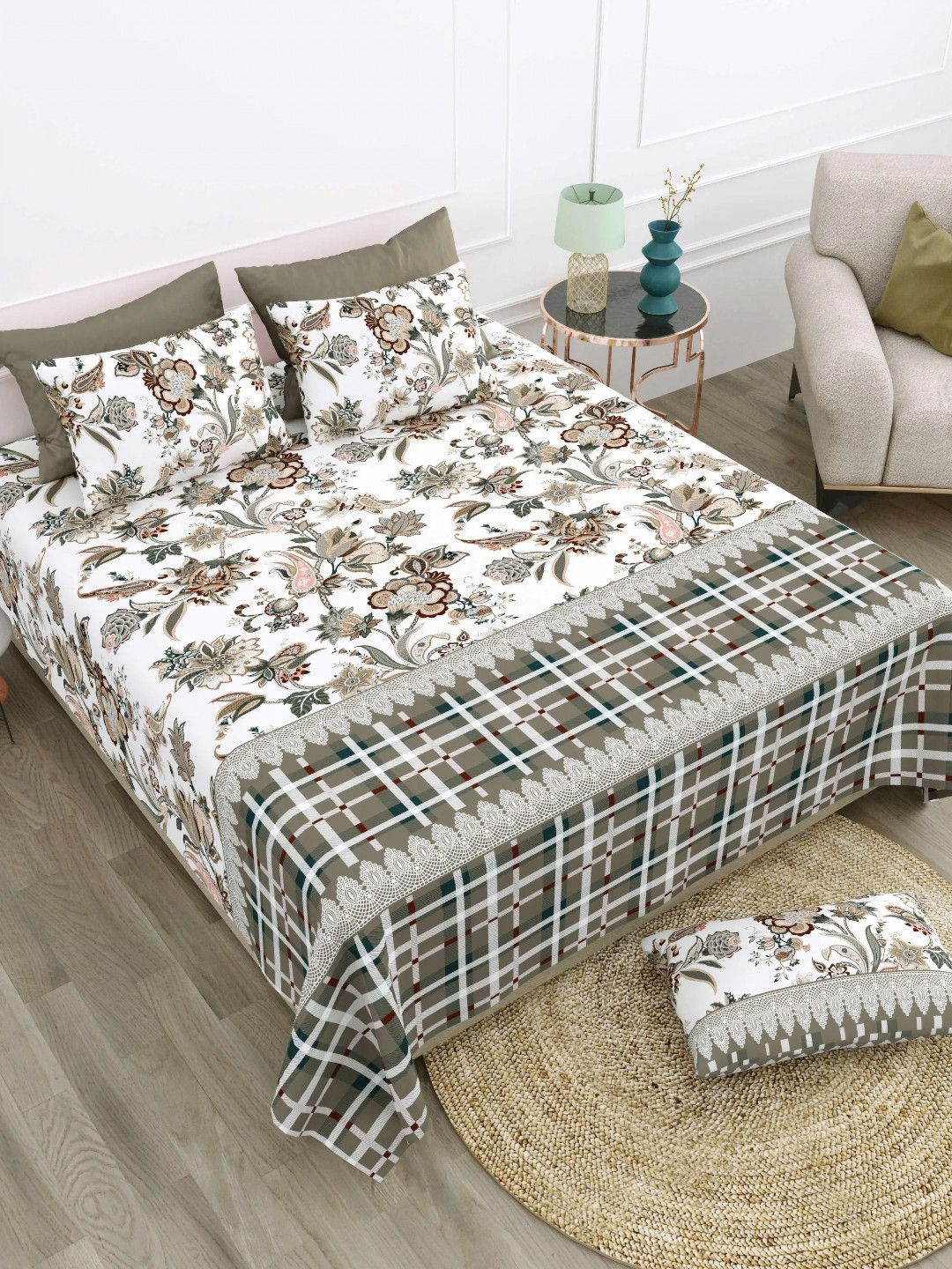 

LIVING ROOTS Super King Size Jaipur Block Print Cotton Double Bedsheet & 2 Pillow Covers, White