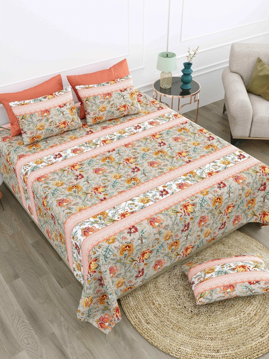 

LIVING ROOTS Super King Size Jaipur Block Print Cotton Double Bedsheet & 2 Pillow Covers, Beige