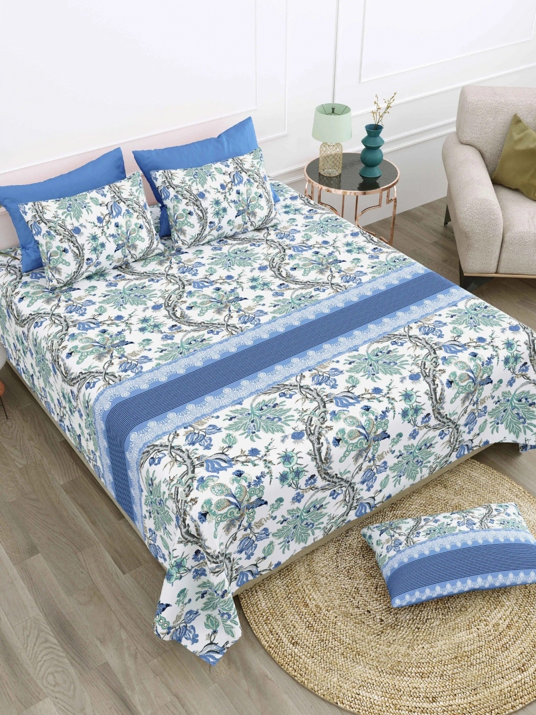 

LIVING ROOTS Super King Size Jaipur Block Print Cotton Double Bedsheet & 2 Pillow Covers, White