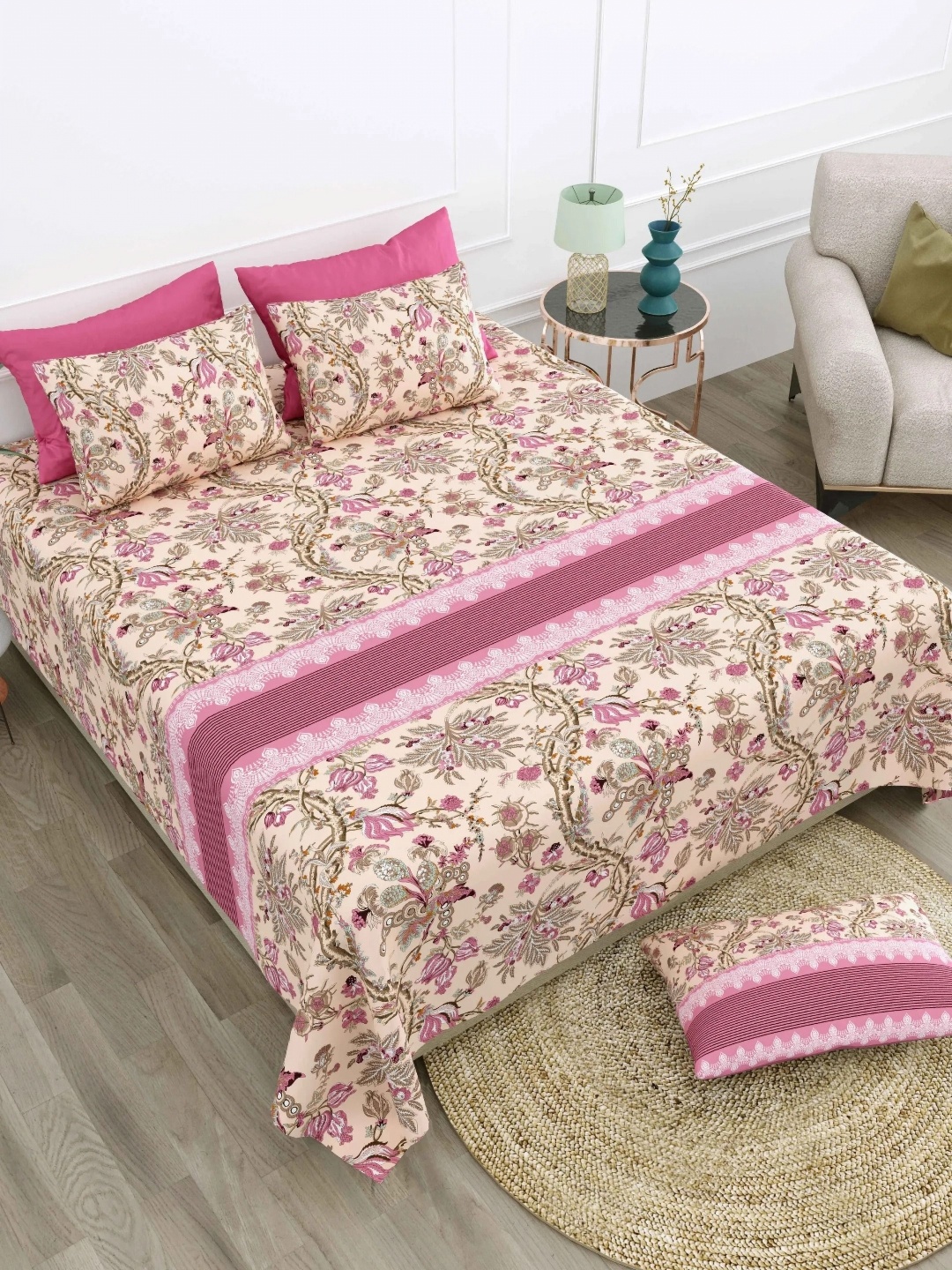

LIVING ROOTS Super King Size Jaipur Block Print Cotton Double Bedsheet & 2 Pillow Covers, Peach