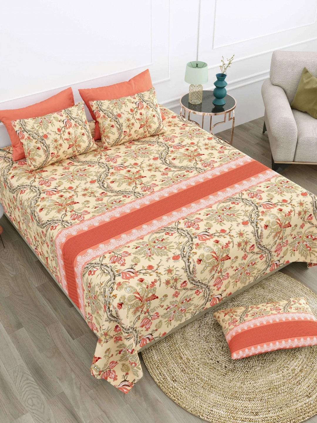 

LIVING ROOTS Super King Size Jaipur Block Print Cotton Double Bedsheet & 2 Pillow Covers, Beige