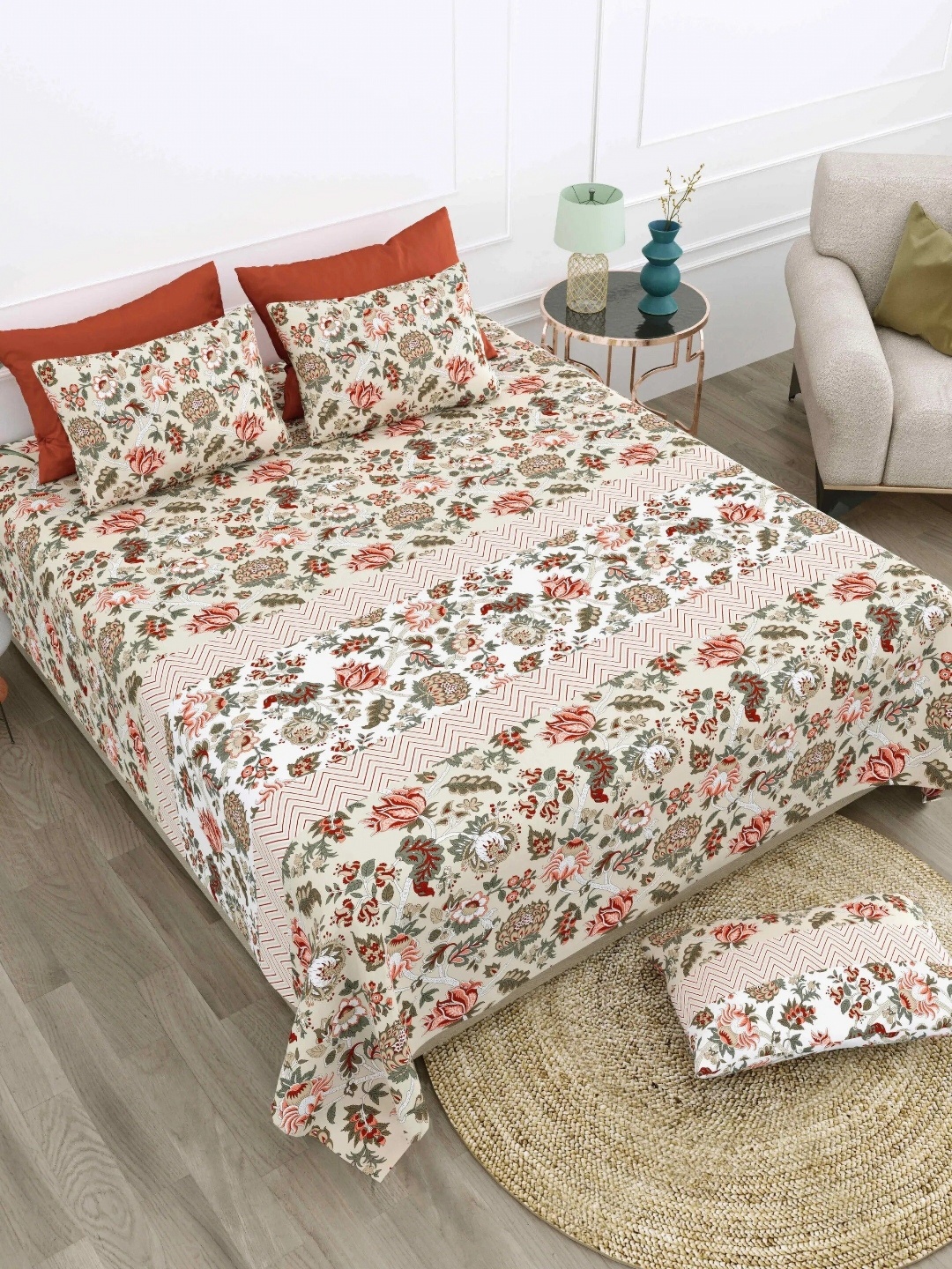 

LIVING ROOTS Super King Size Jaipur Block Print Cotton Double Bedsheet & 2 Pillow Covers, Beige