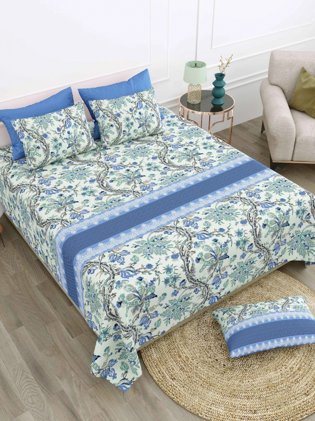 

LIVING ROOTS Super King Size Jaipur Block Print Cotton Double Bedsheet & 2 Pillow Covers, Blue