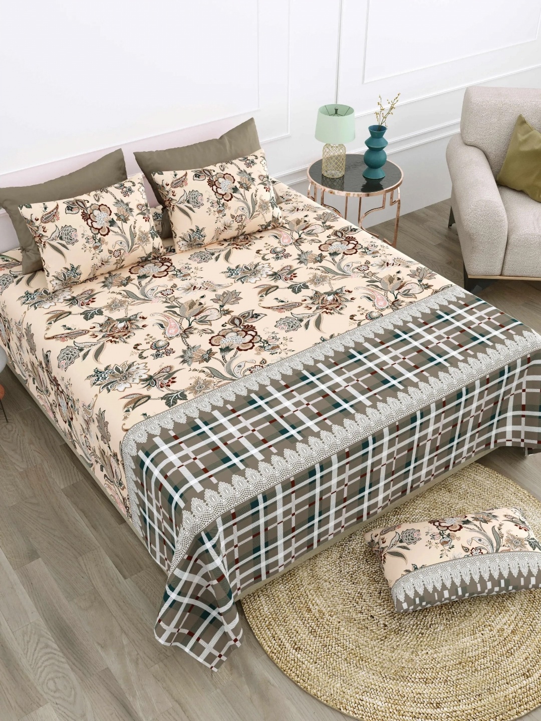 

LIVING ROOTS Super King Size Jaipur Block Print Cotton Double Bedsheet & 2 Pillow Covers, Beige