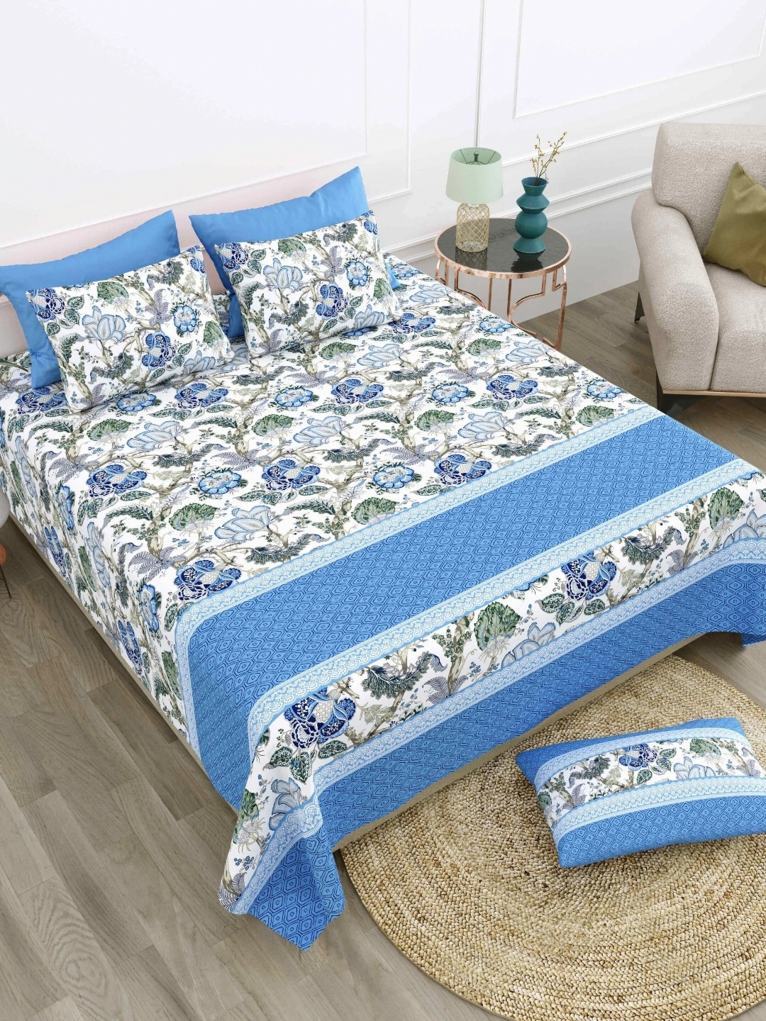 

LIVING ROOTS Super King Size Jaipur Block Print Cotton Double Bedsheet & 2 Pillow Covers, White