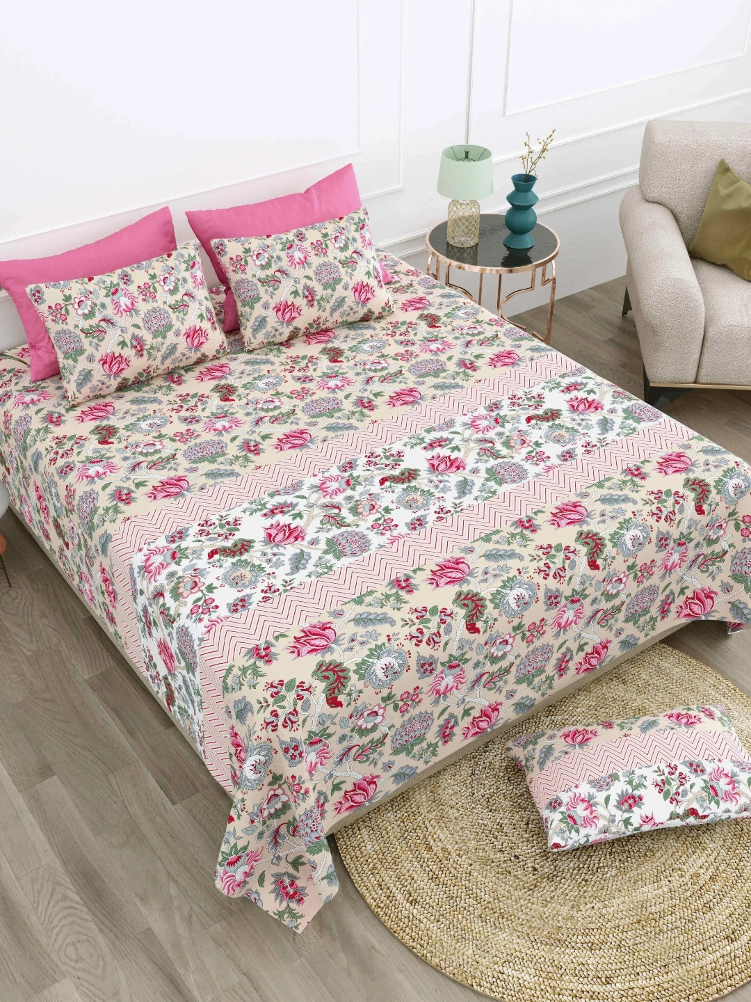 

LIVING ROOTS Super King Size Floral Pure Cotton Double Bedsheet & 2 Pillow Covers, Pink