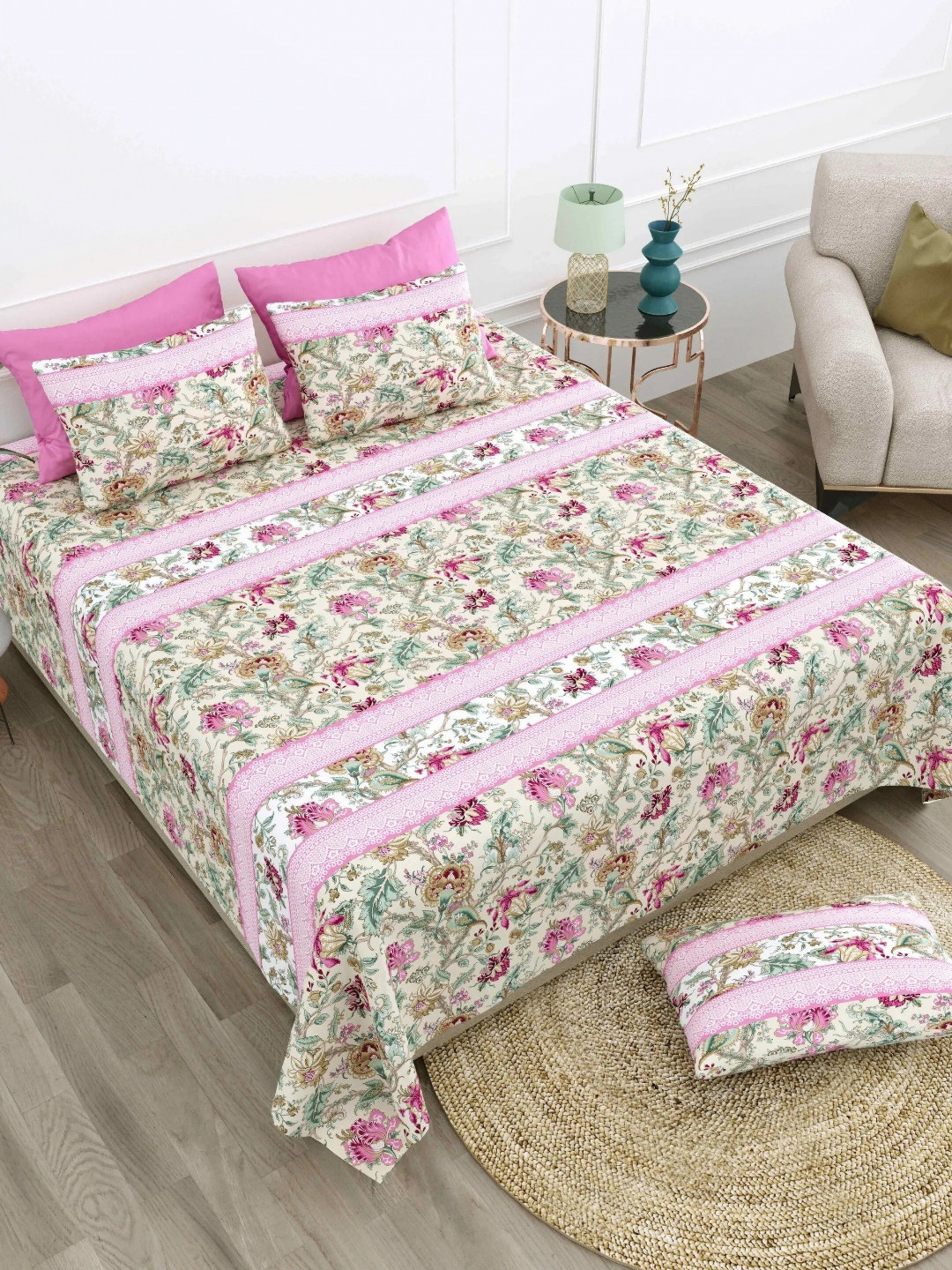 

LIVING ROOTS Super King Size Jaipur Block Print Cotton Double Bedsheet & 2 Pillow Covers, Cream