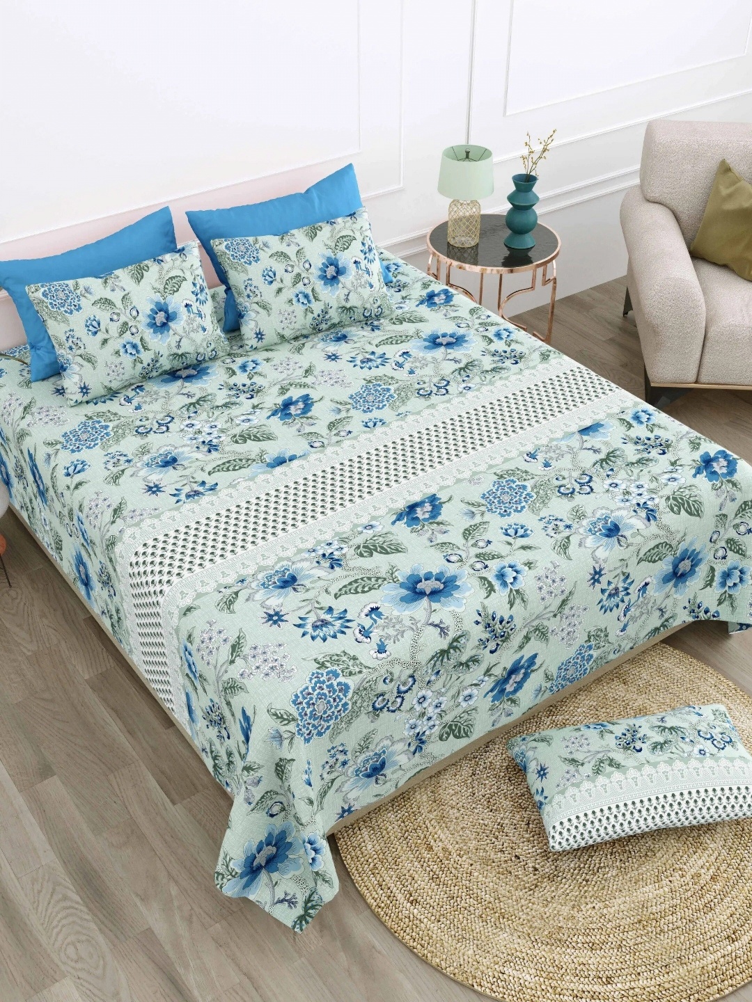 

LIVING ROOTS Super King Size Jaipur Block Print Cotton Double Bedsheet & 2 Pillow Covers, Blue