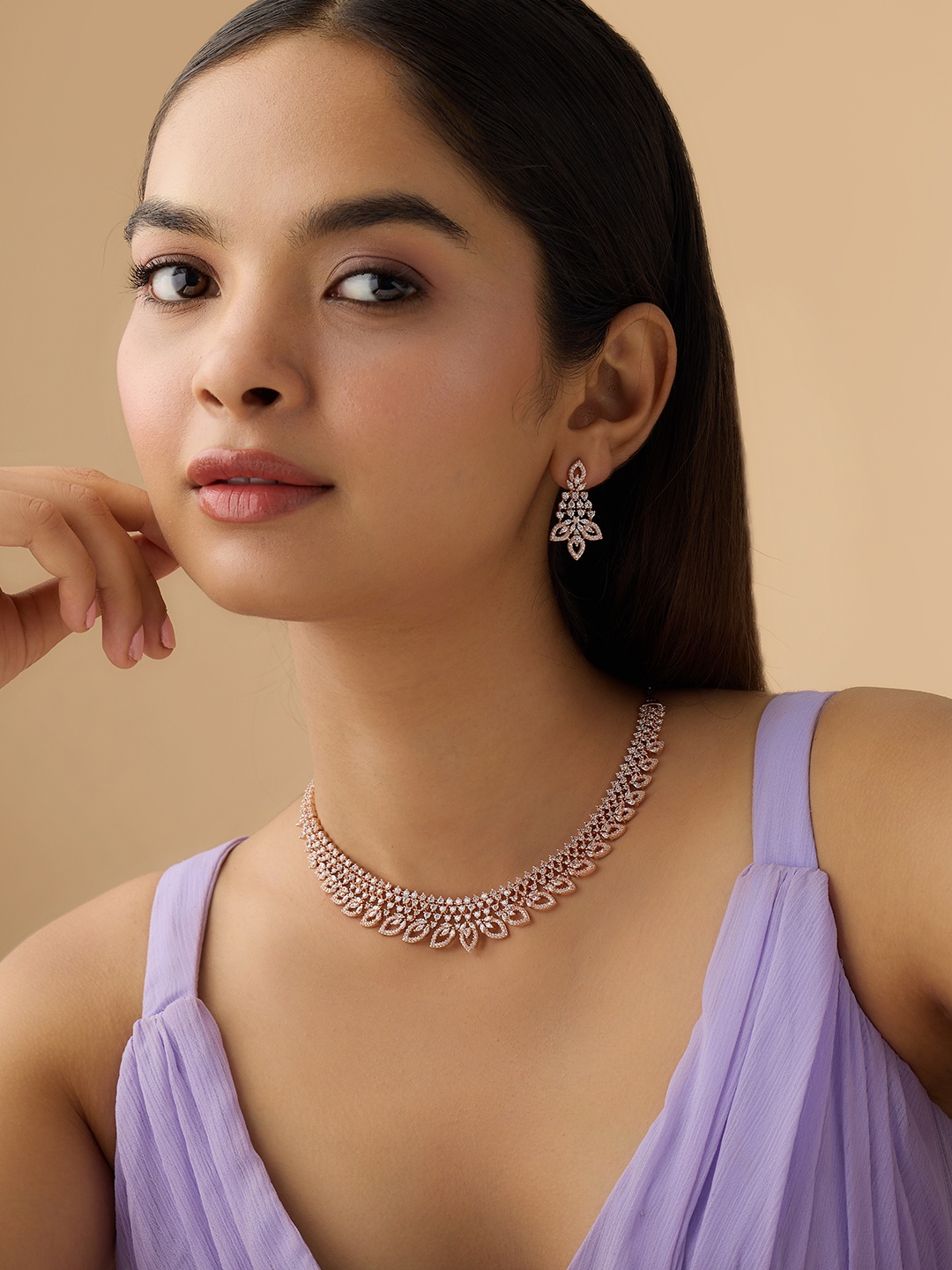 

Kushal's Fashion Jewellery Women Rose Gold Plated CZ Studded Jewellery Set