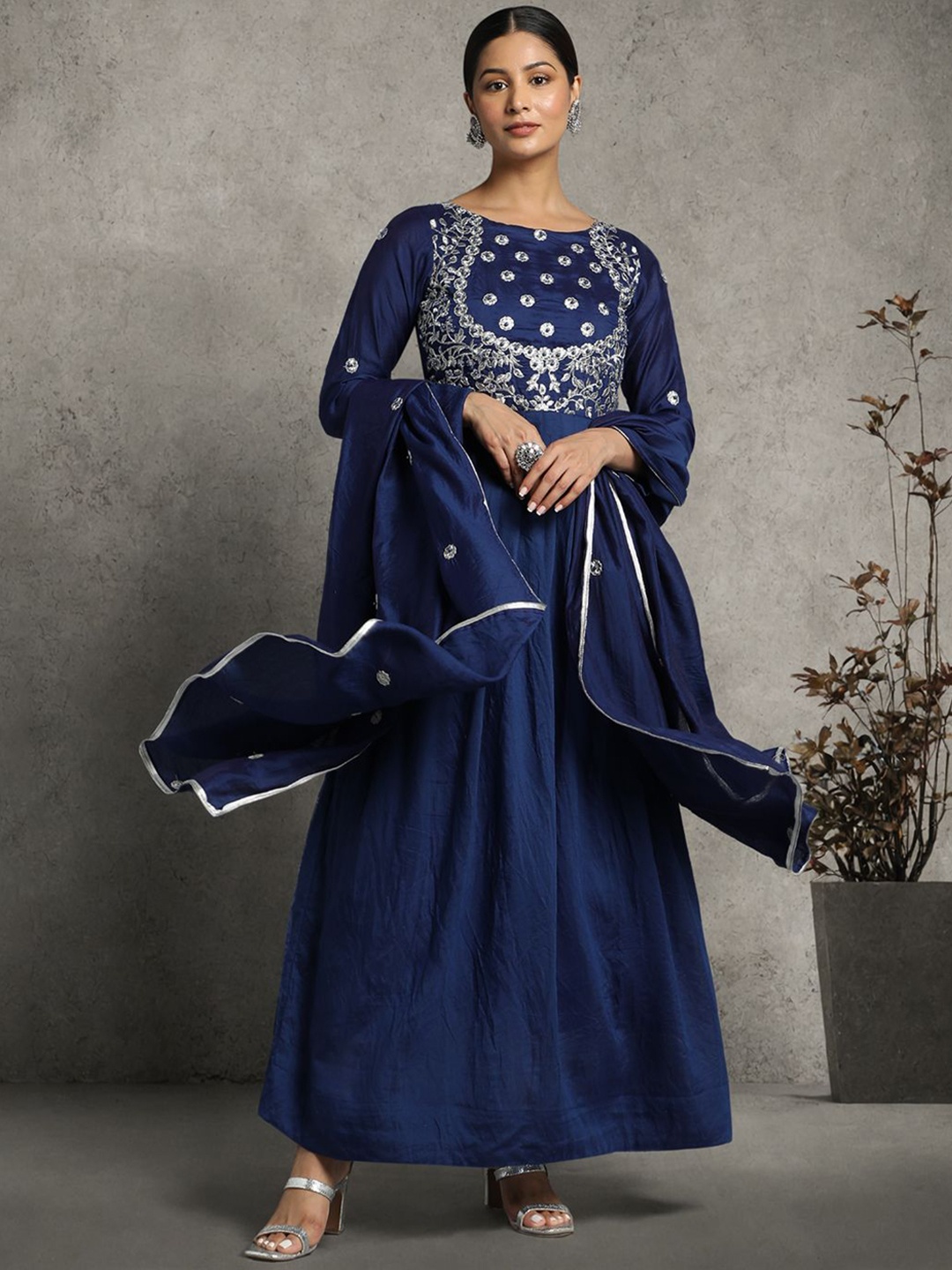 

DP Art Embroidered Flared Ethnic Maxi Gown Dresses With Dupatta, Blue