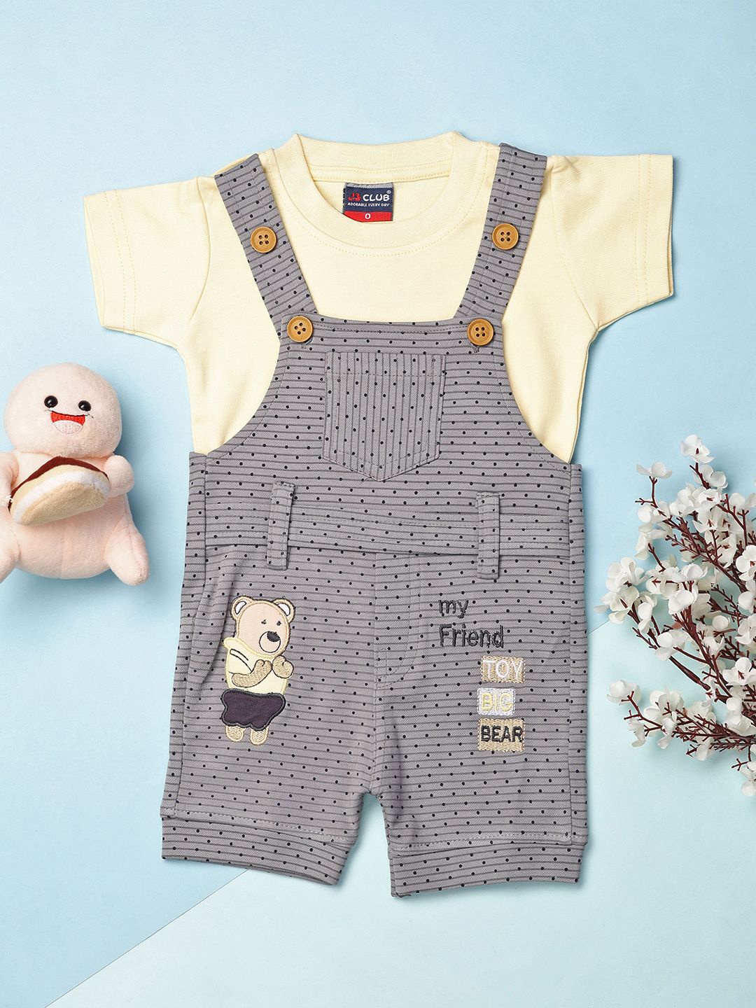 

V-Mart Infant Printed Pure Cotton Dungaree With T-shirt, Grey