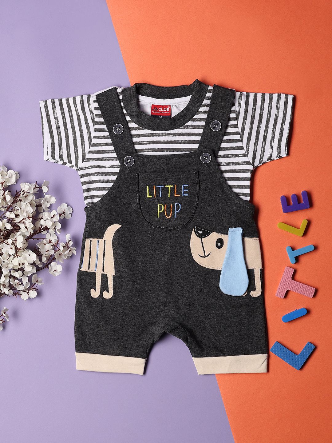

V-Mart Infants Striped T-shirt with Dungarees, Black