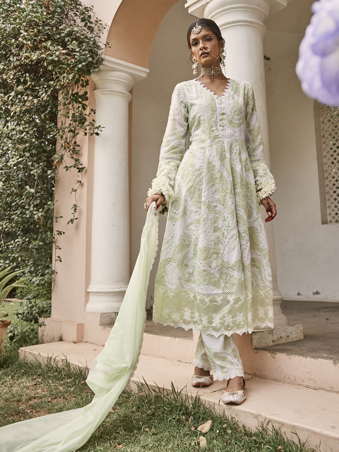 

HEEPOSH Women Ethnic Motifs Printed Pure Cotton Kurta with Trousers & With Dupatta, Green