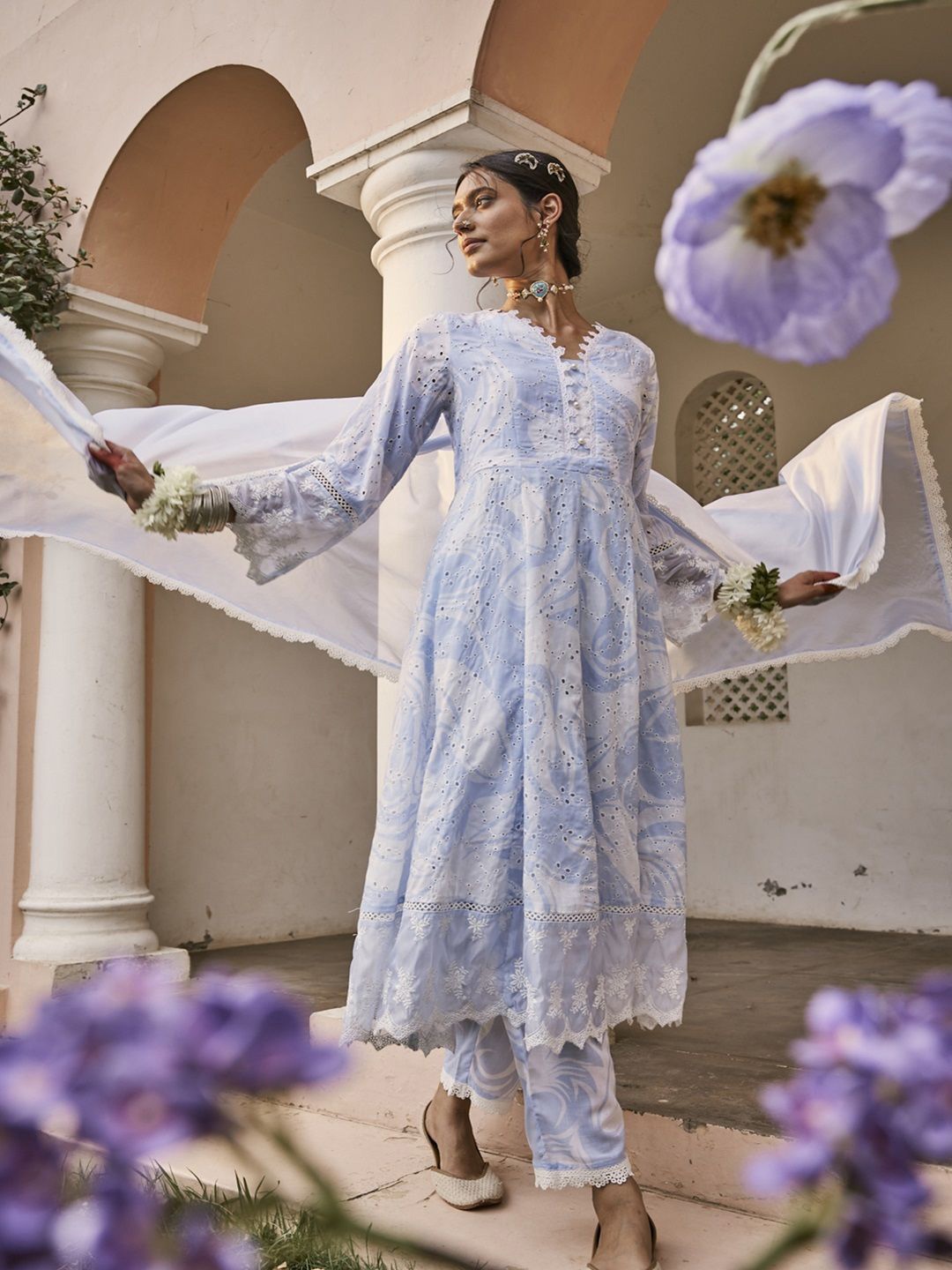

HEEPOSH Women Ethnic Motifs Printed Pure Cotton Kurta with Trousers & With Dupatta, Blue