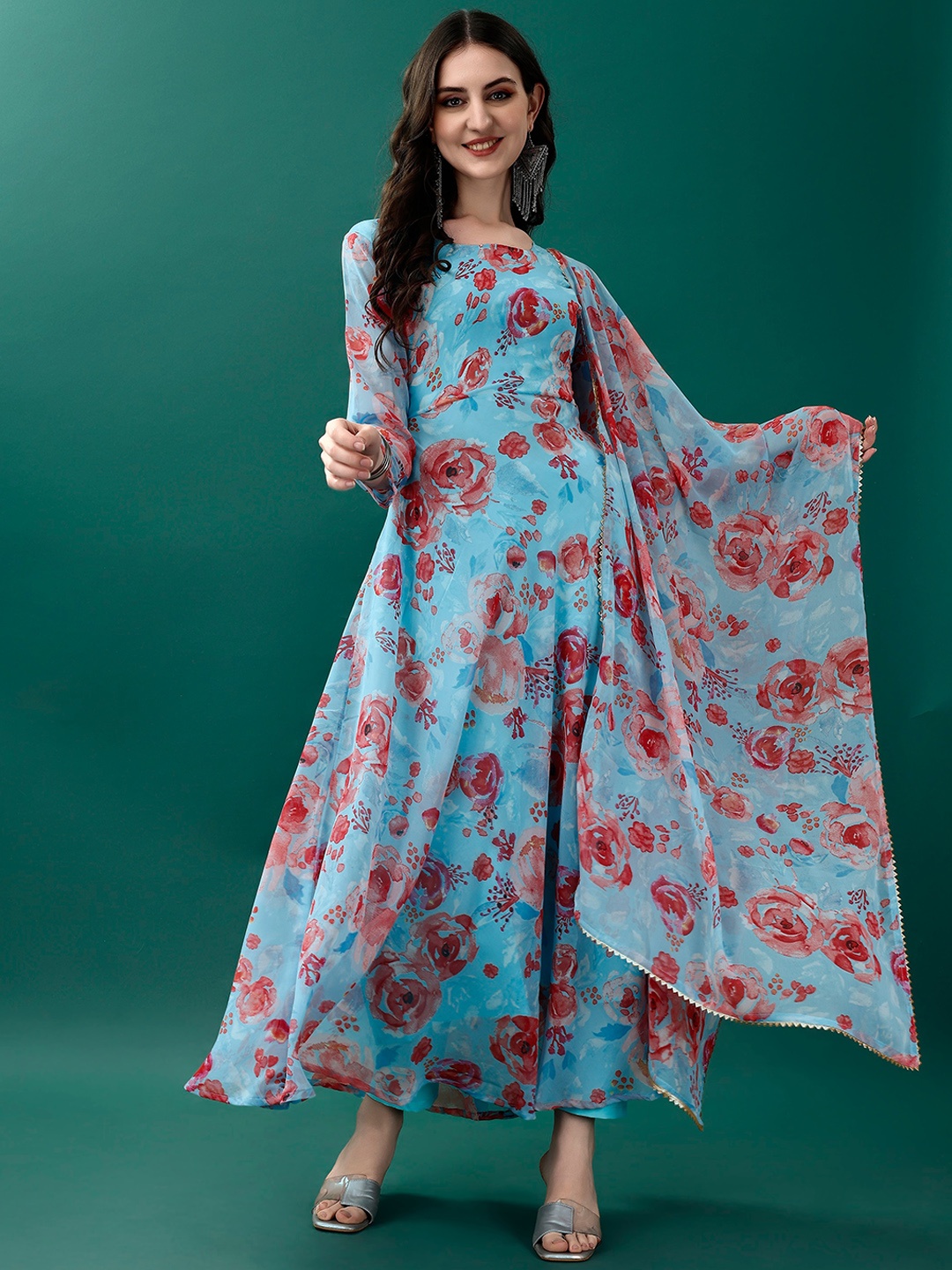 

KALINI Women Floral Printed Regular Anarkali Kurta with Trousers & With Dupatta, Blue