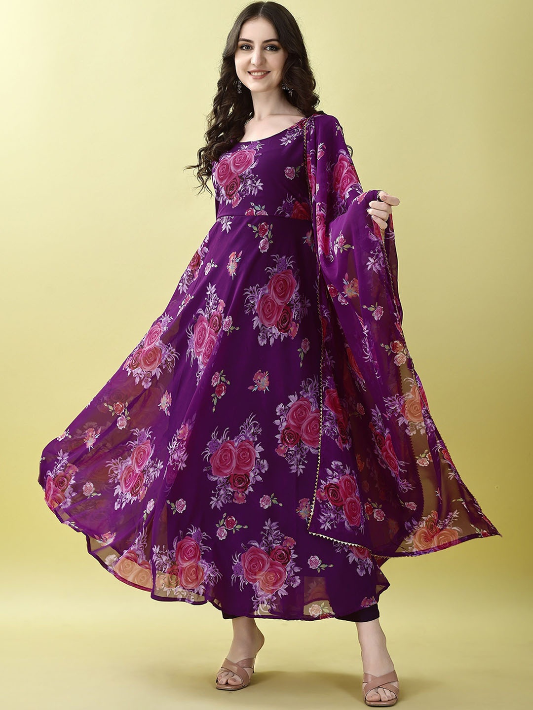 

KALINI Women Floral Printed Regular Kurta with Trousers & With Dupatta, Purple