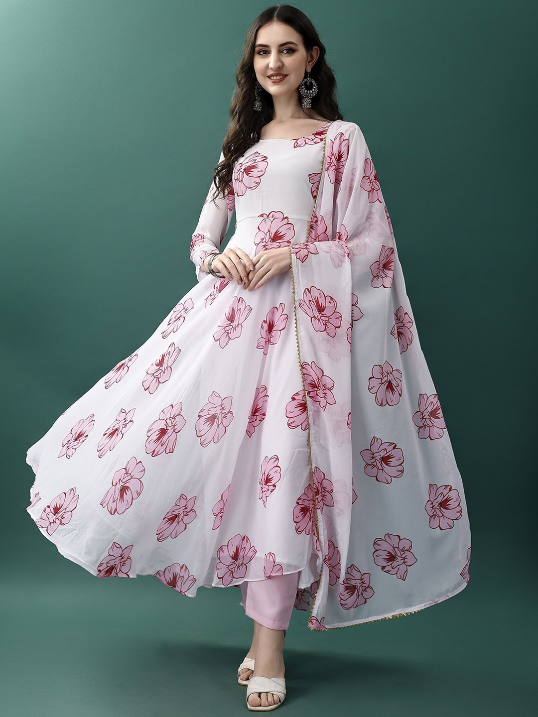 

KALINI Women Floral Printed Regular Kurta with Trousers & With Dupatta, White
