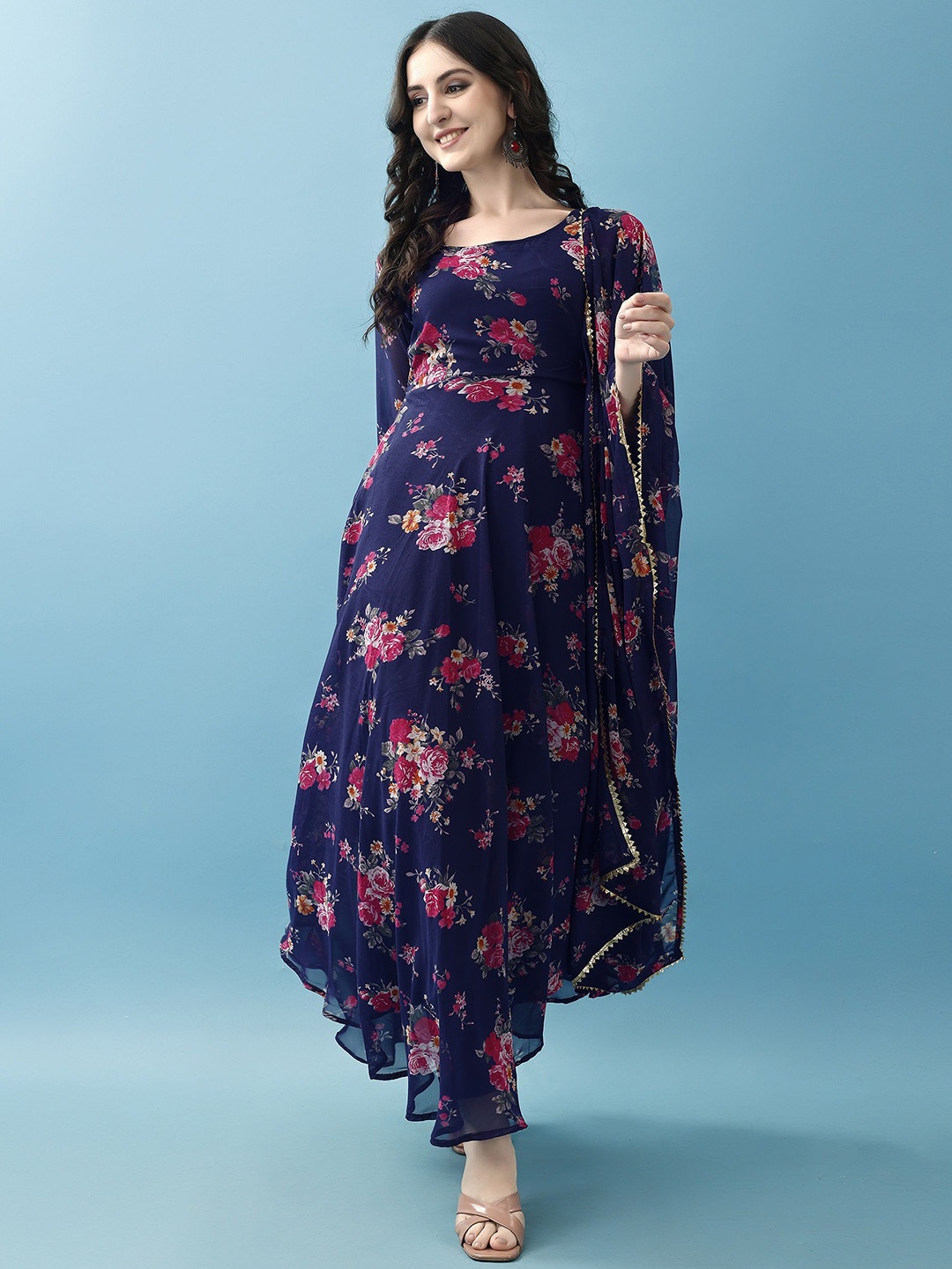 

KALINI Women Floral Printed Regular Kurta with Trousers & With Dupatta, Blue