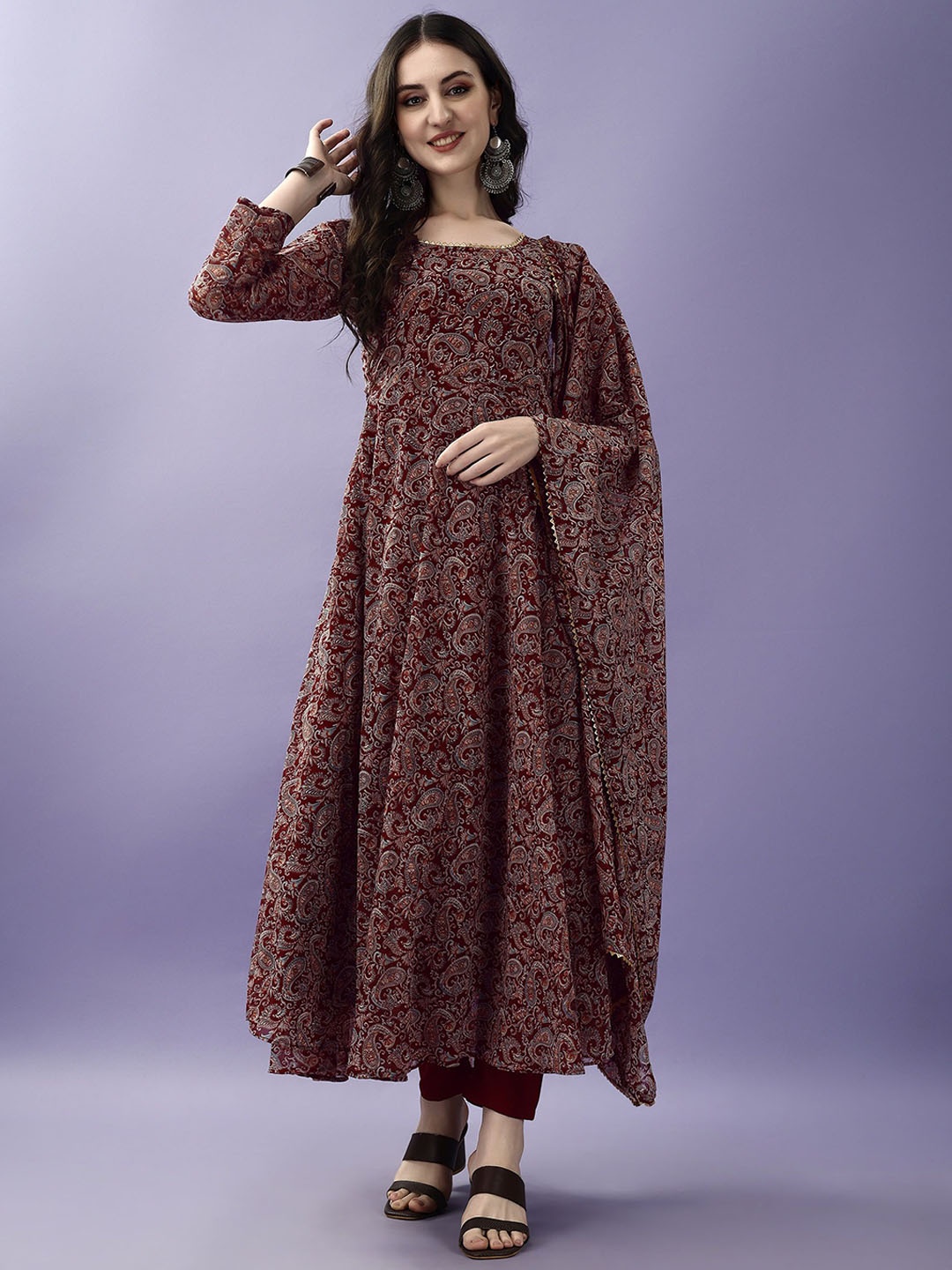 

KALINI Women Ethnic Motifs Printed Anarkali Kurta Set with Trousers & Dupatta, Maroon