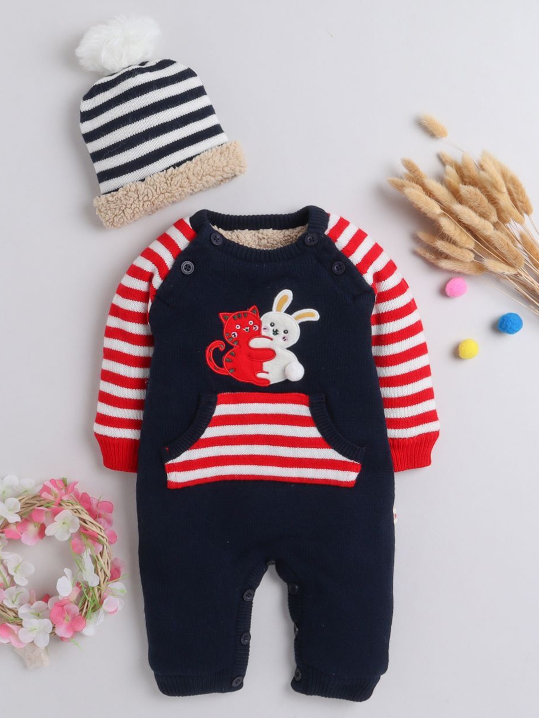 

Yellow Apple Infants Striped Applique Full Sleeve With Inner Fleece Romper With Beanie, Navy blue