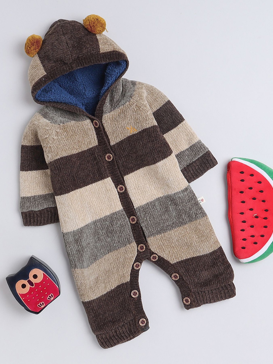 

Yellow Apple Kids Unisex Striped Hooded Romper, Brown