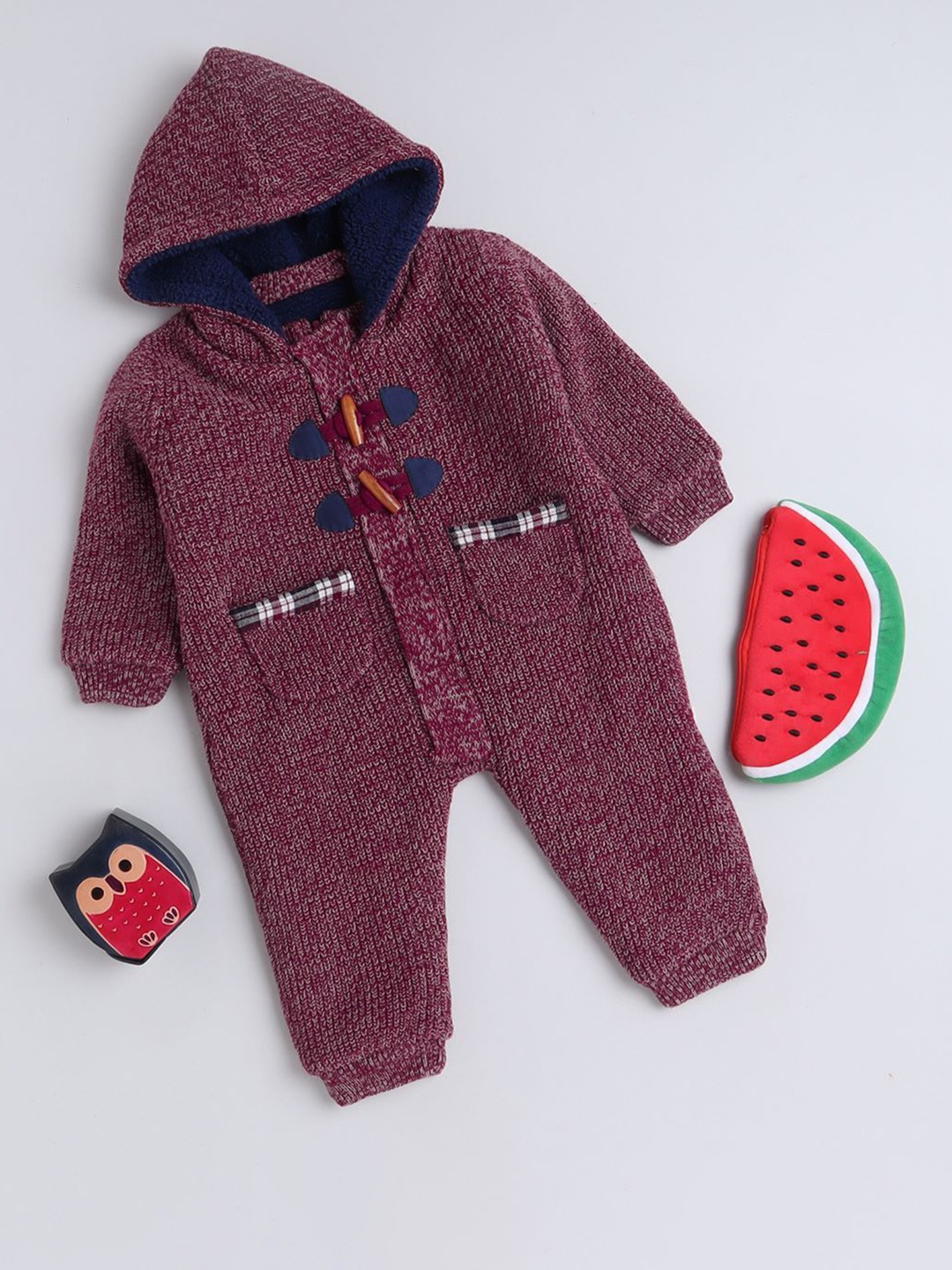 

Yellow Apple Kids Unisex Long Sleeve Hooded Woolen Romper, Maroon