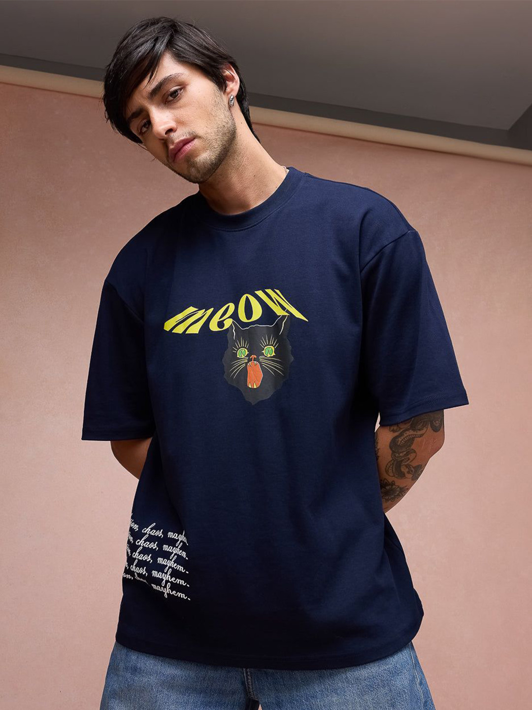 

FREAKINS Men Typography Printed Round Neck Oversized T-shirt, Navy blue