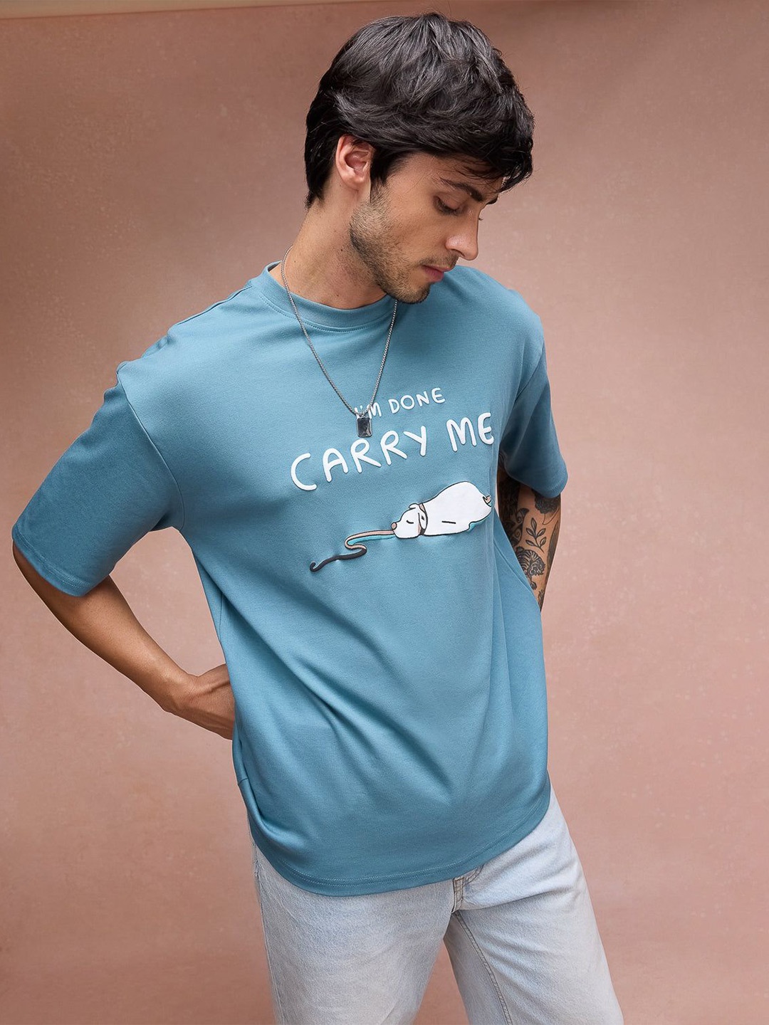FREAKINS Men Typography Printed Round Neck Oversized T-shirt, Blue