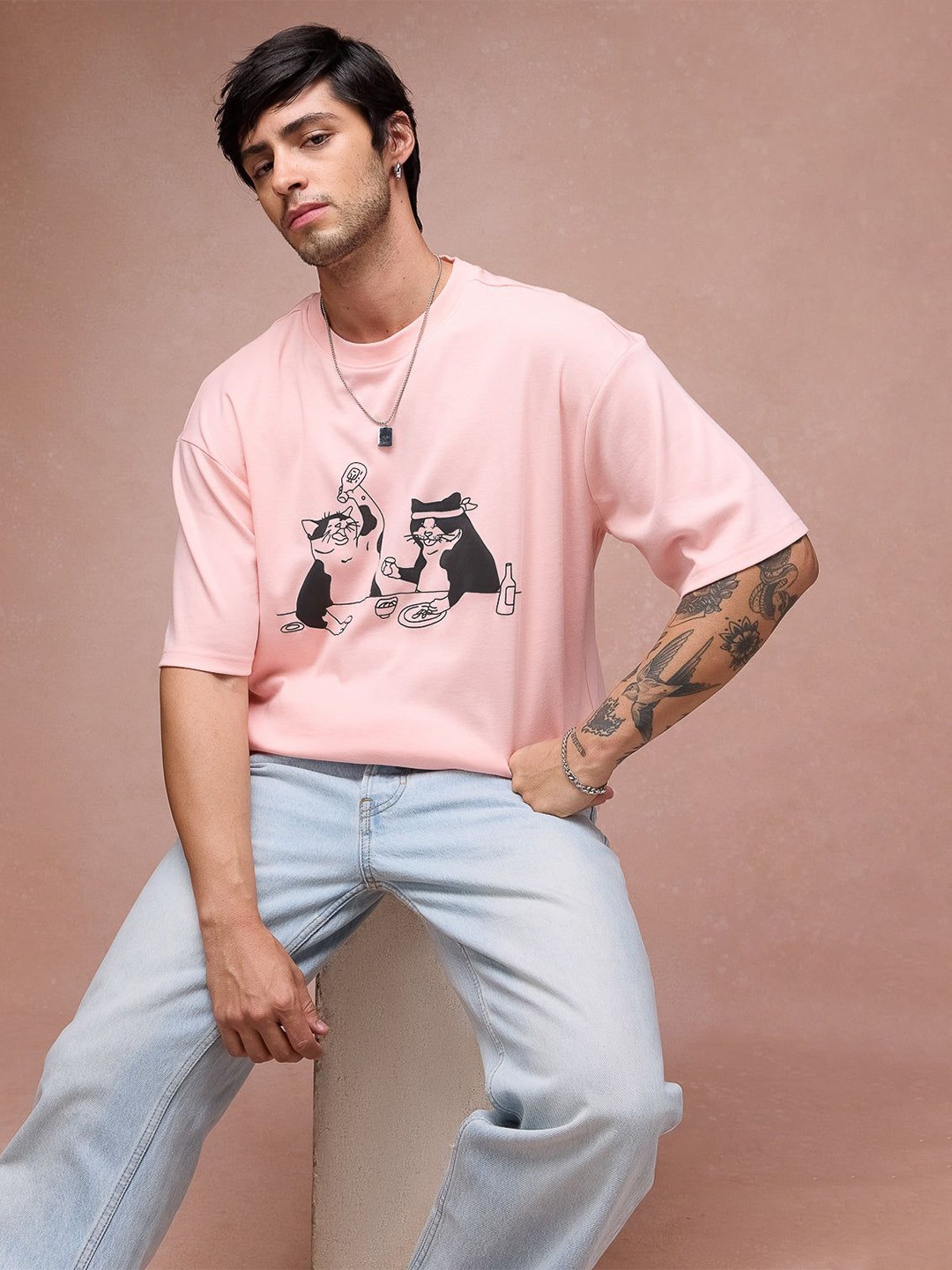 

FREAKINS Men Graphic Printed Round Neck Oversized T-shirt, Pink