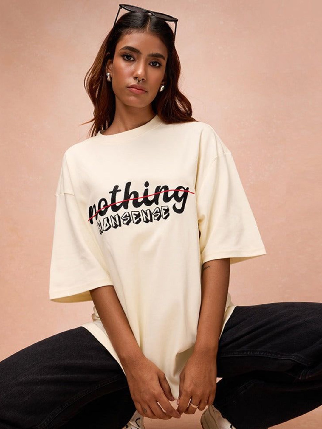 

FREAKINS Women Typography Printed Round Neck Oversized T-shirt, Cream