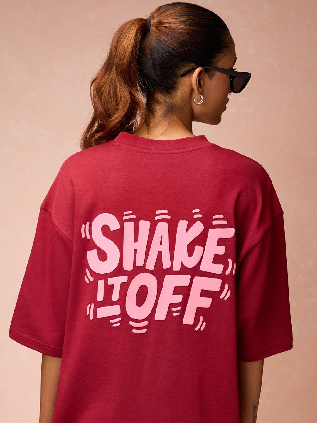 

FREAKINS Women Typography Printed Round Neck Oversized T-shirt, Red