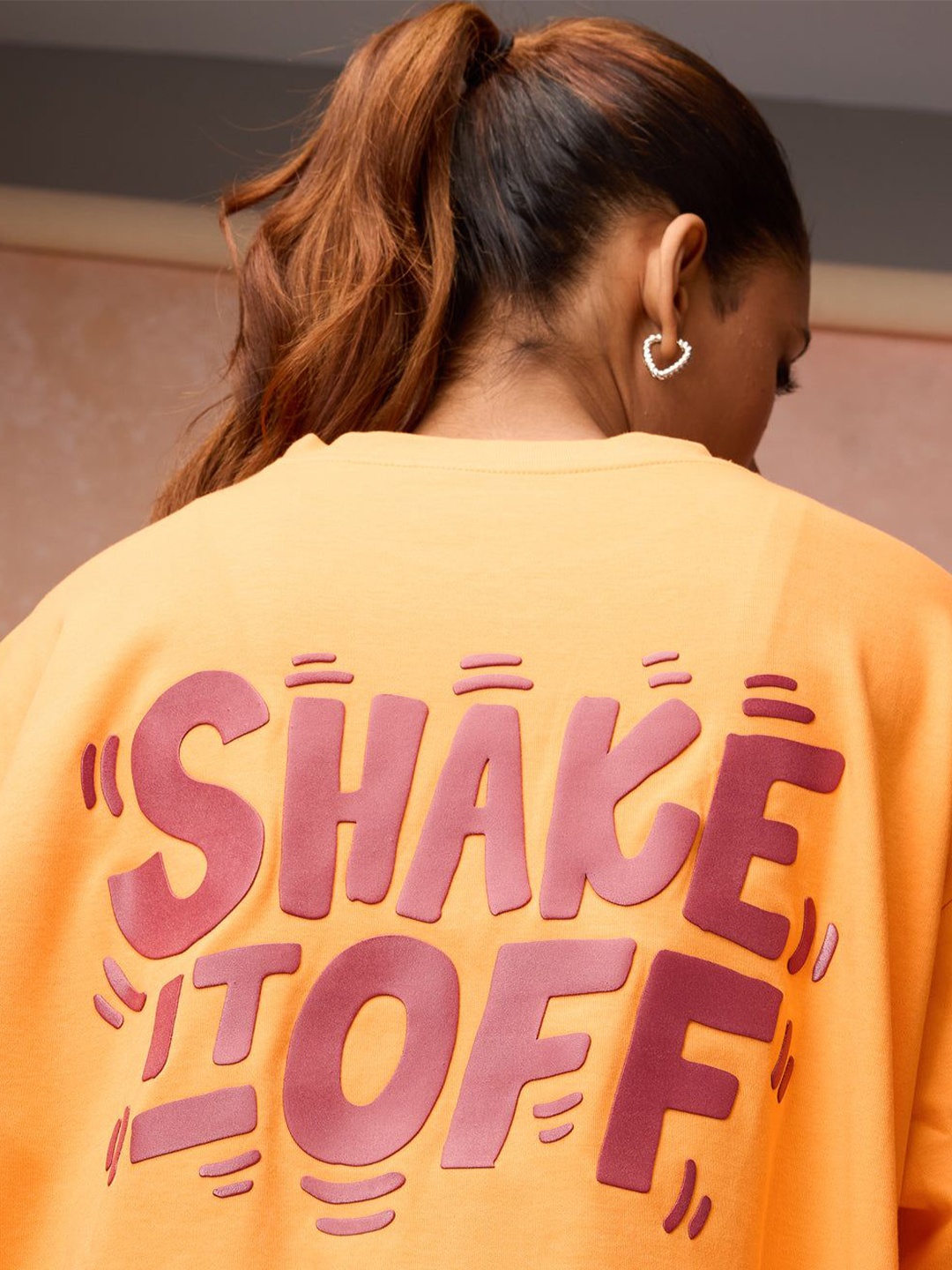 

FREAKINS Women Typography Printed Round Neck Oversized T-shirt, Orange