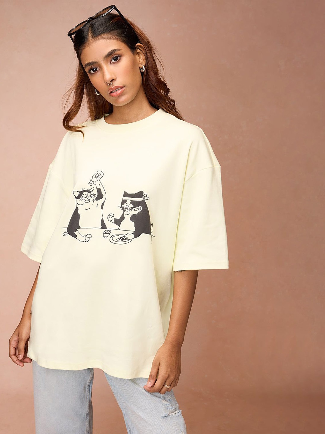 

FREAKINS Women Graphic Printed Round Neck Oversized T-shirt, Yellow