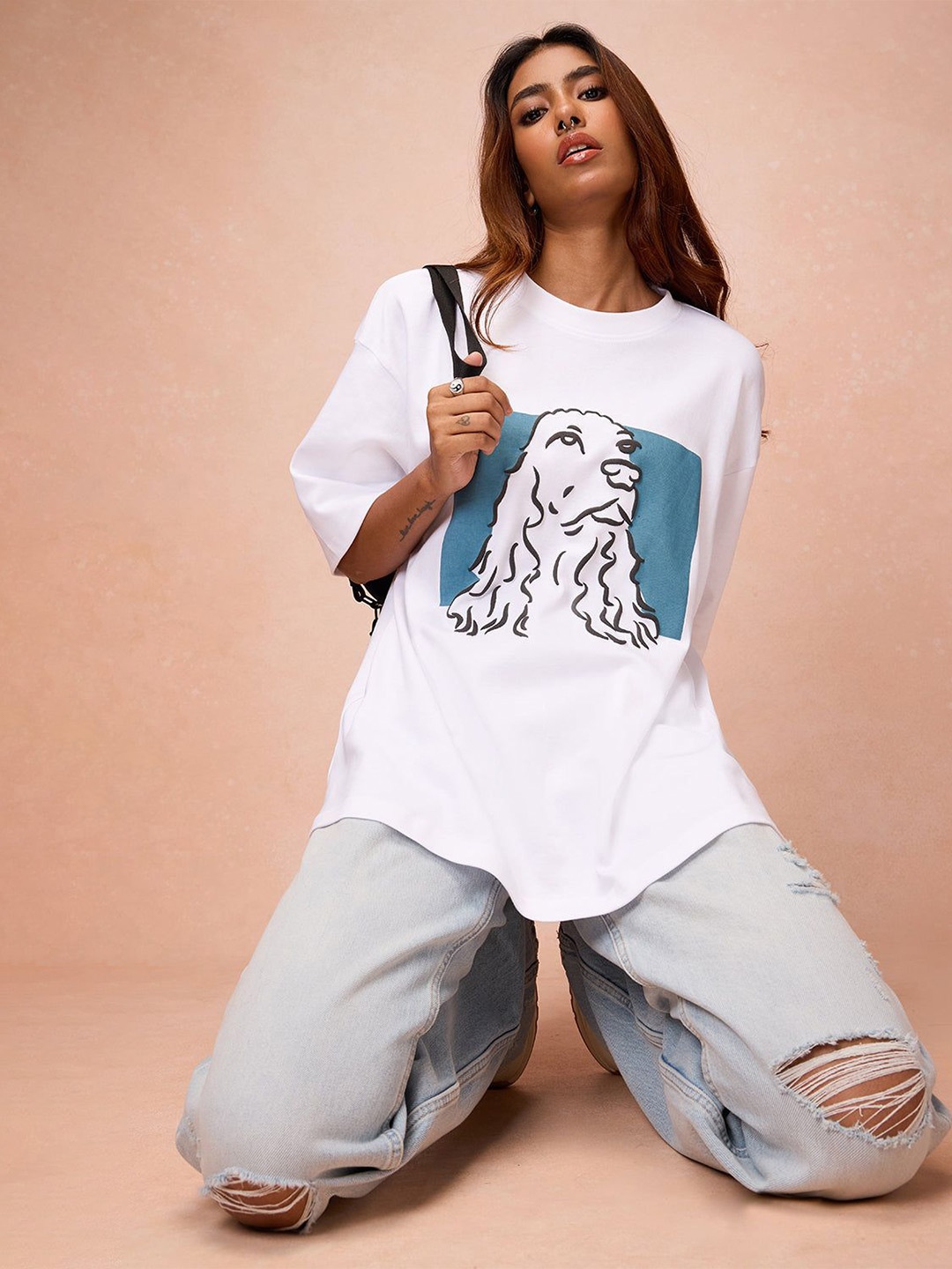 

FREAKINS Women Graphic Printed Round Neck Oversized T-shirt, White